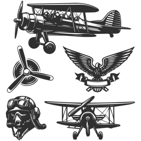 A collection of aviation-themed black and white bold line art and silhouette design, featuring vintage and modern airplanes, pilot helmets, propellers front view, and wings insignia, very design full body, on white background cover image.