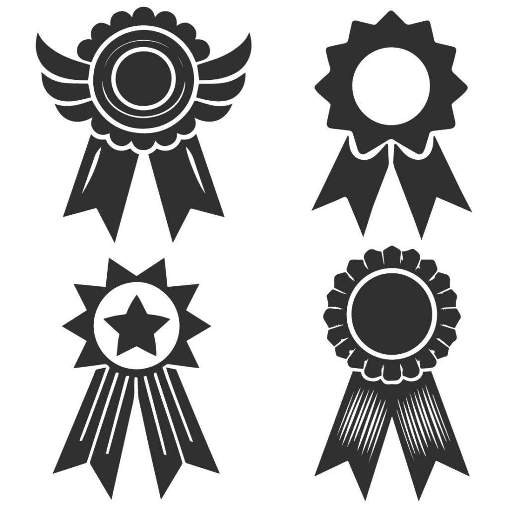 A black silhouette of a classic award ribbon on a plain white ...