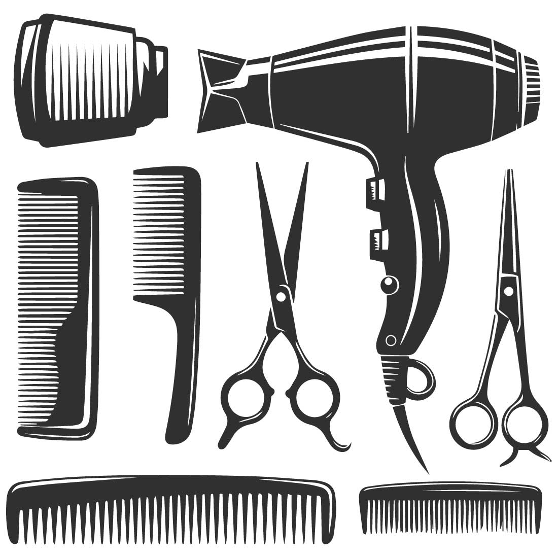 A set of barber tools arranged on a white background preview image.