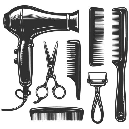 A set of barber tools arranged on a white background. - MasterBundles