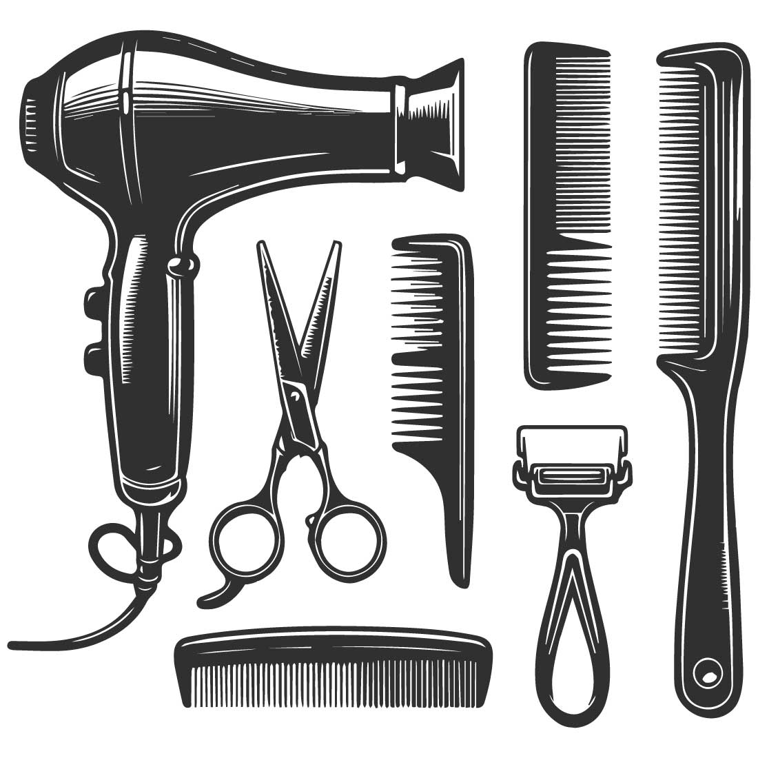 A set of barber tools arranged on a white background preview image.