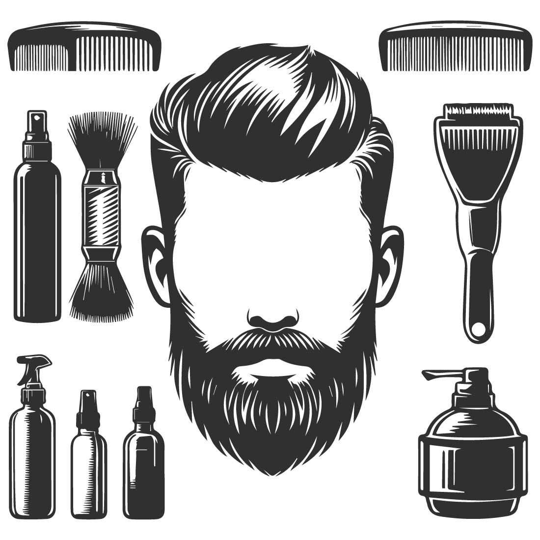 Bold line art and silhouette design of a barbershop illustration of a man with a styled beard and slicked-back hair on clean white background preview image.