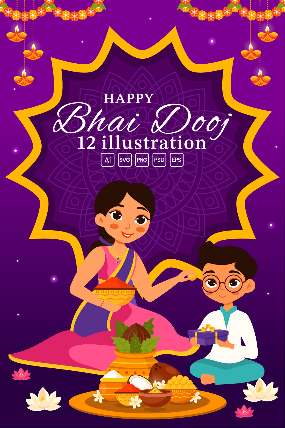 12 Bhai Dooj Indian Festival Illustration pinterest preview image.