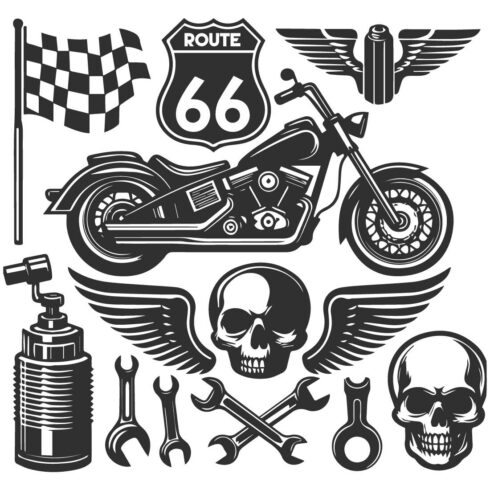 A collection of motorcycle-themed black and white bold line and silhouette design cover image.