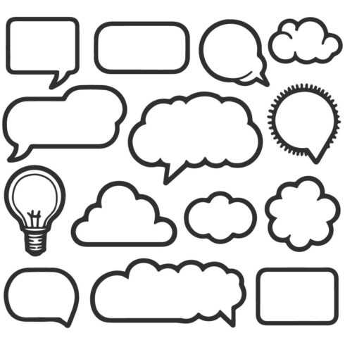 Bold line art of different blank speech and thought bubbles black outline on a white background cover image.