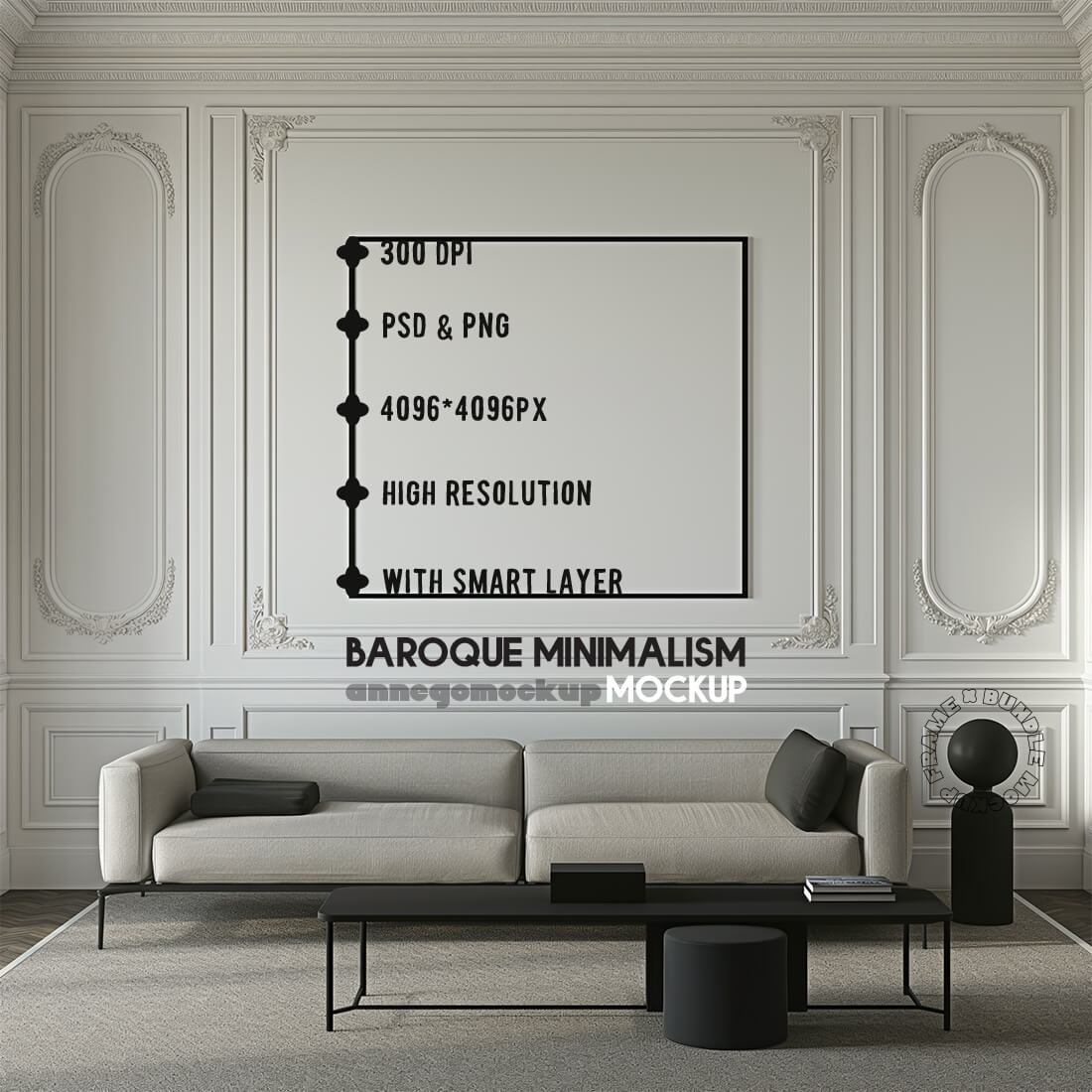 Baroque Minimalism Mockup | Luxurious Elegance Meets Modern Simplicity | High-Resolution PSD & PNG preview image.