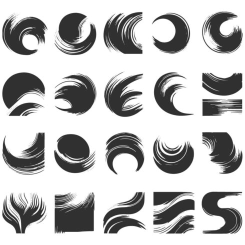 A collection of black ink brushstroke designs in various shapes and styles, arranged in a grid on a white background cover image.