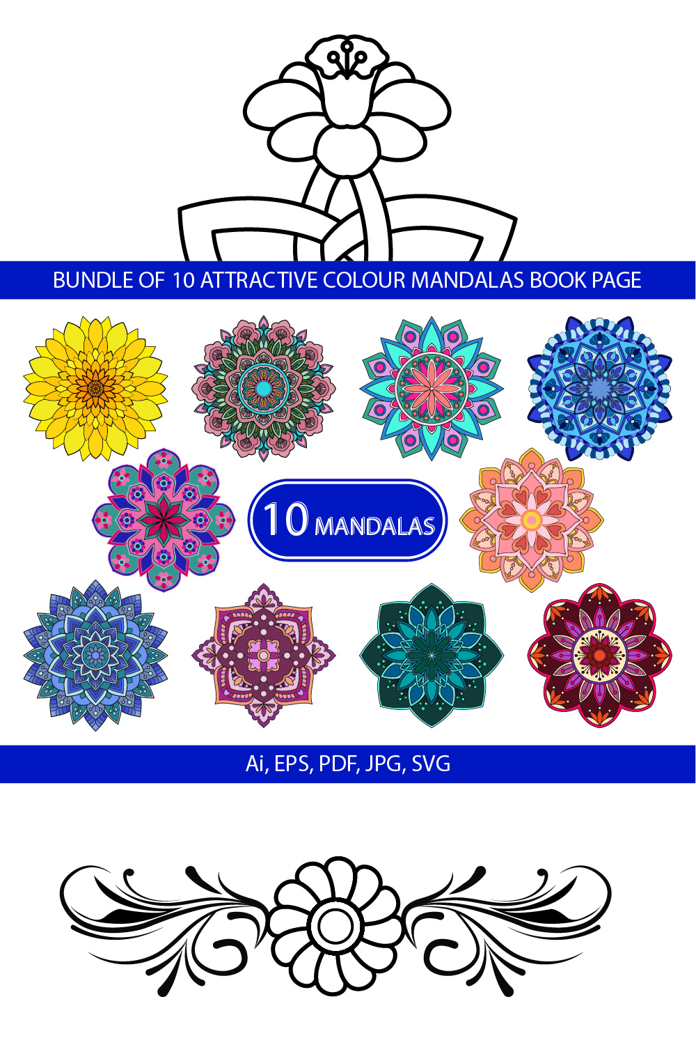 Bundle of 10 Attractive Color Mandalas Book Page pinterest preview image.