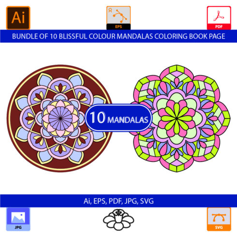 Bundle of 10 Blissful Balance Mandalas Coloring Book Page cover image.