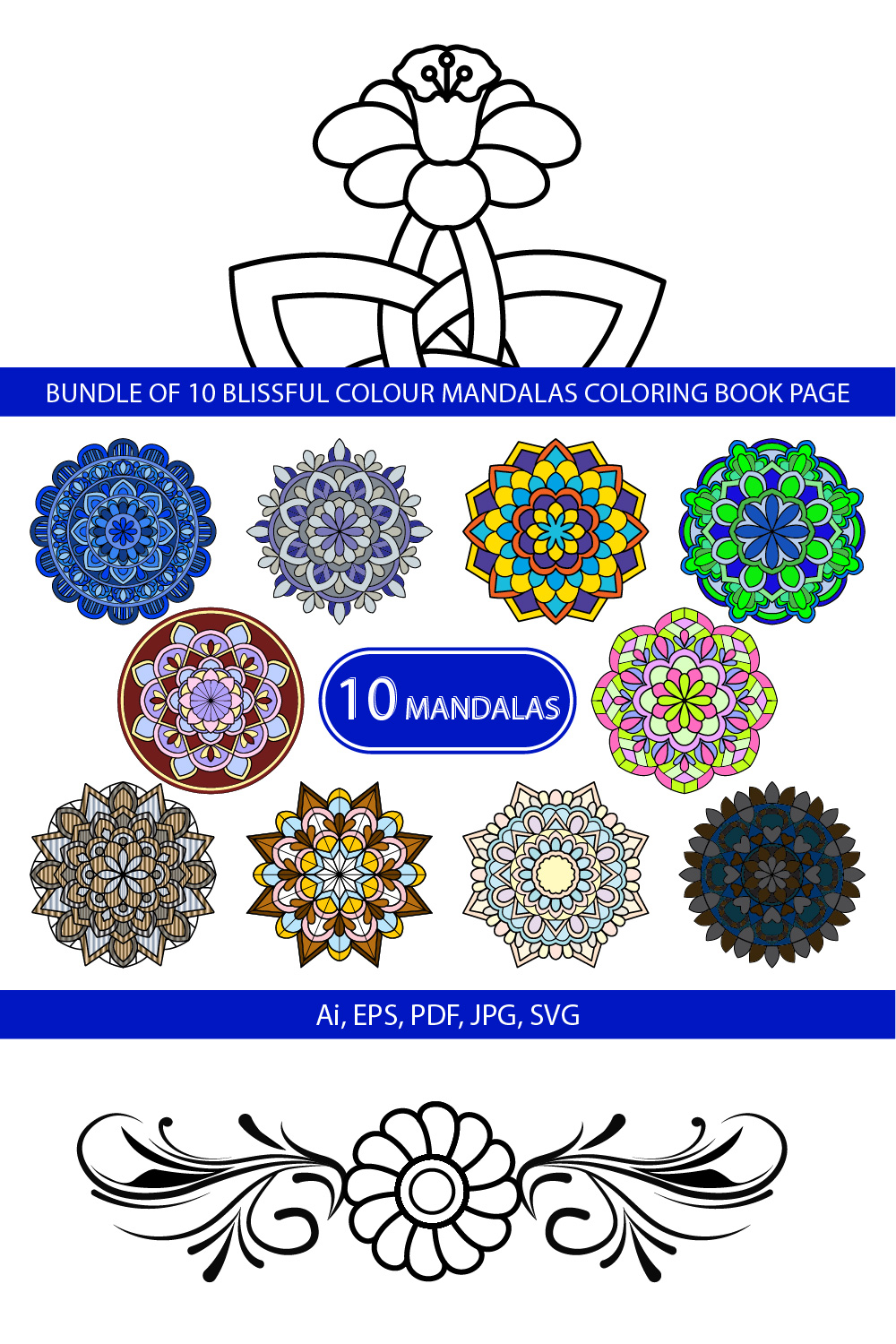 Bundle of 10 Blissful Balance Mandalas Coloring Book Page pinterest preview image.