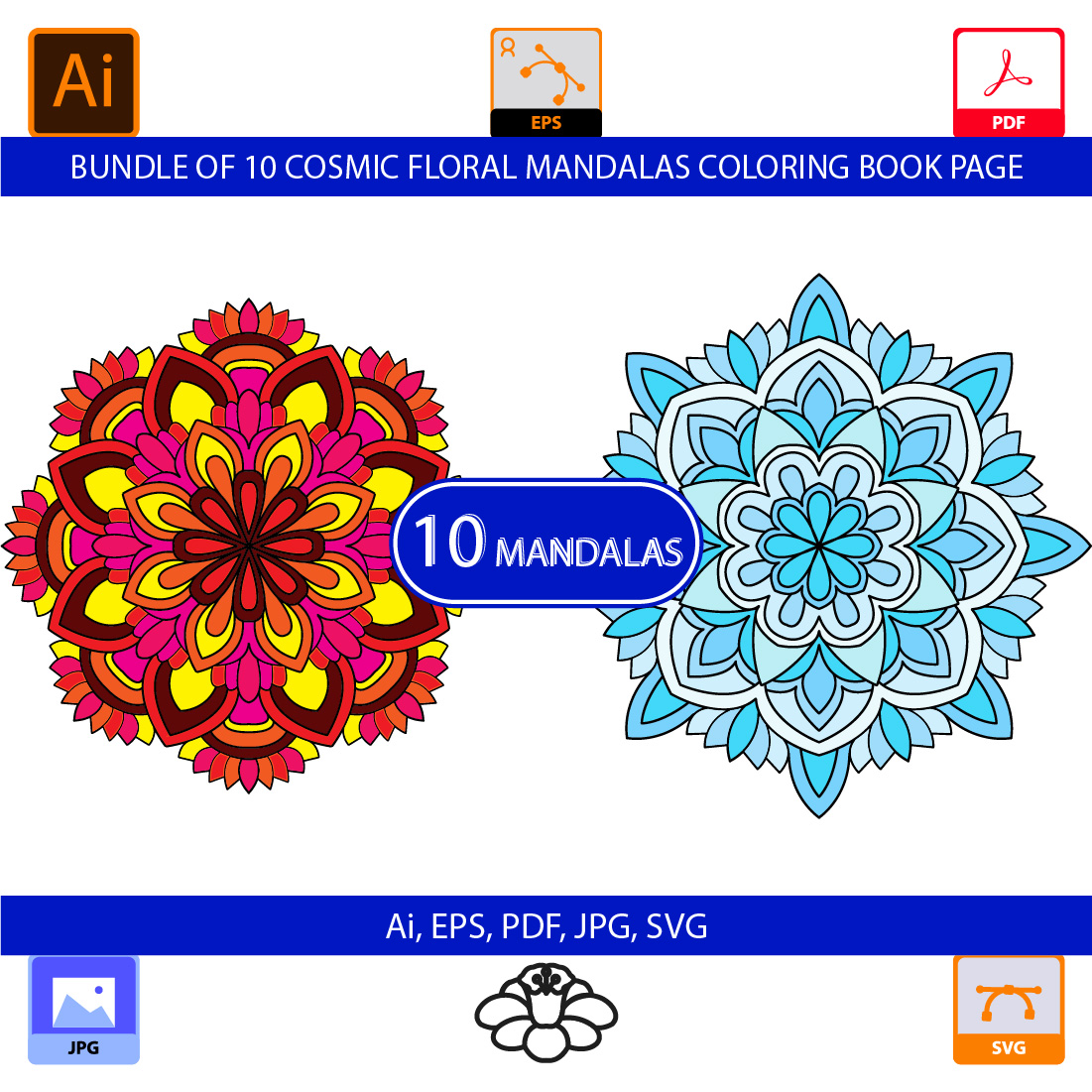 Bundle of 10 Cosmic floral Mandalas Coloring Book Page cover image.