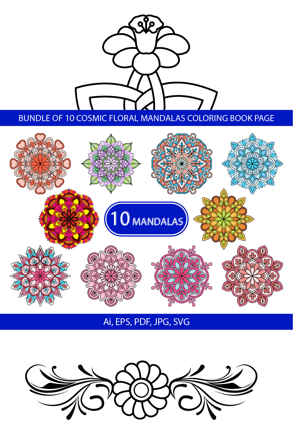 Bundle of 10 Cosmic floral Mandalas Coloring Book Page pinterest preview image.