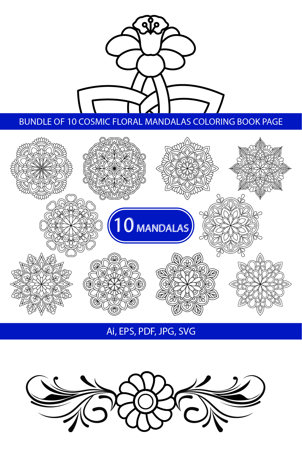 Bundle of 10 Cosmic floral Mandalas Coloring Book Page pinterest preview image.