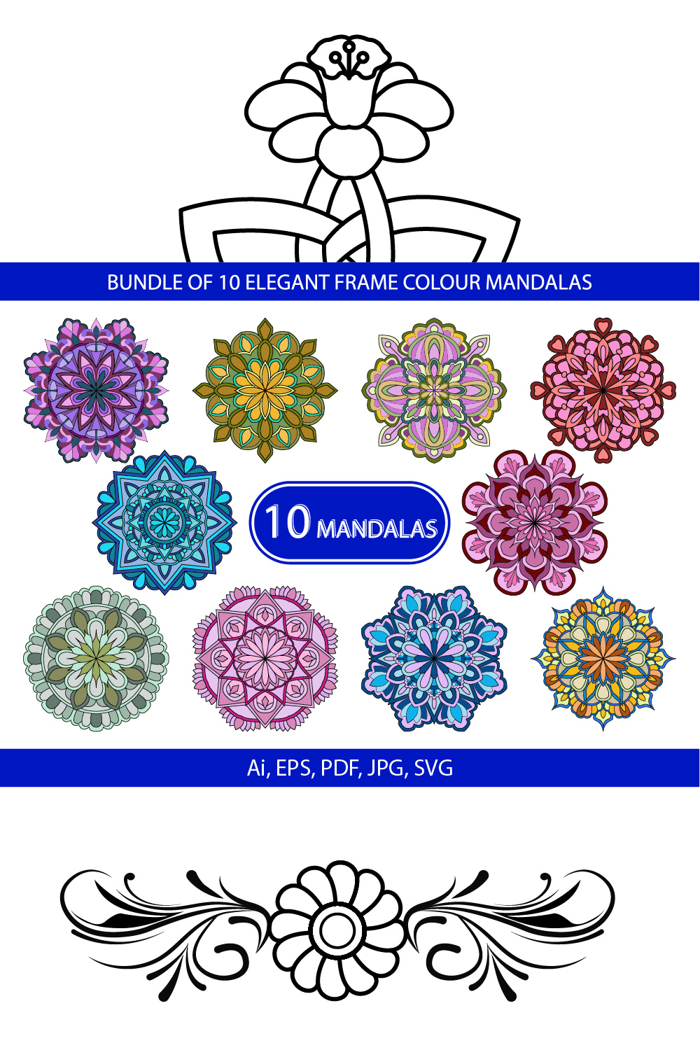 Bundle of 10 Elegant frame Color Mandalas pinterest preview image.