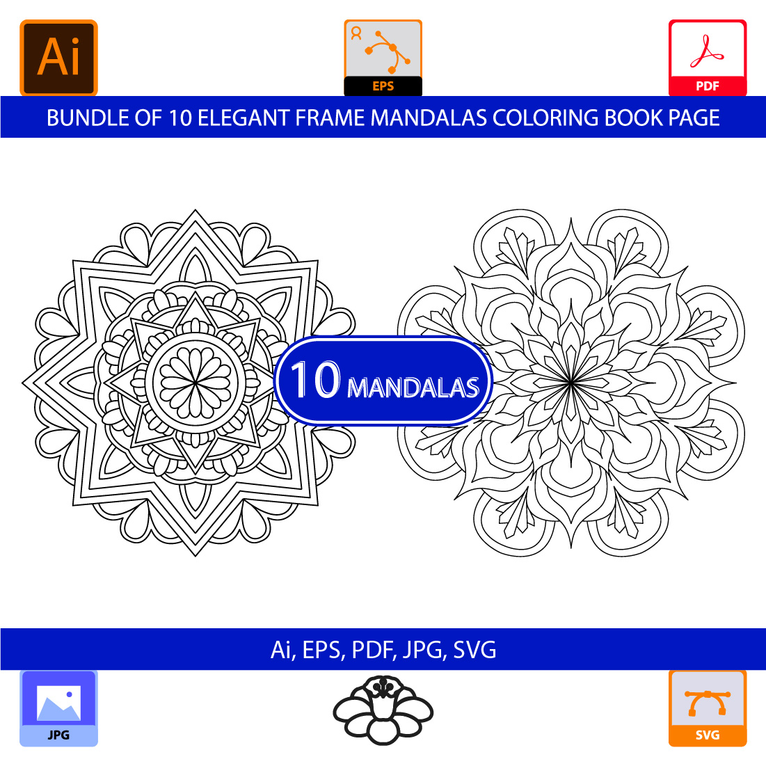 Bundle of 10 Elegant frame Mandalas Coloring Book Page cover image.