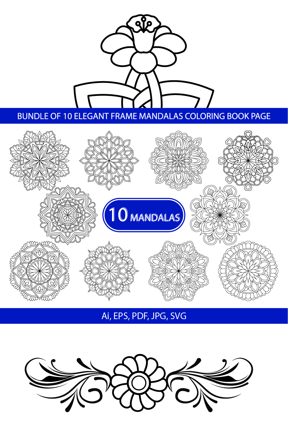 Bundle of 10 Elegant frame Mandalas Coloring Book Page pinterest preview image.