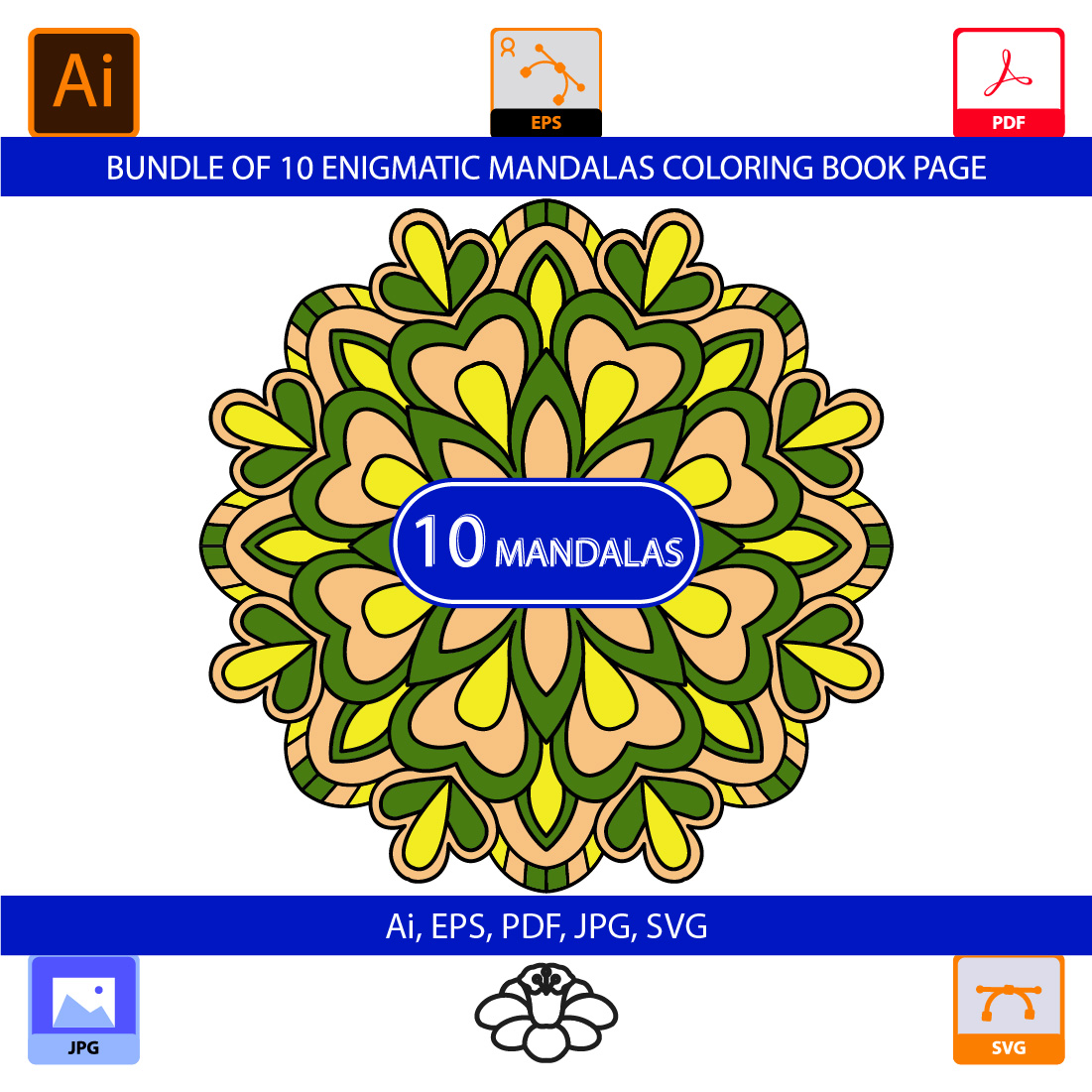 Bundle of 10 Enigmatic floral Mandalas Coloring Book Page cover image.