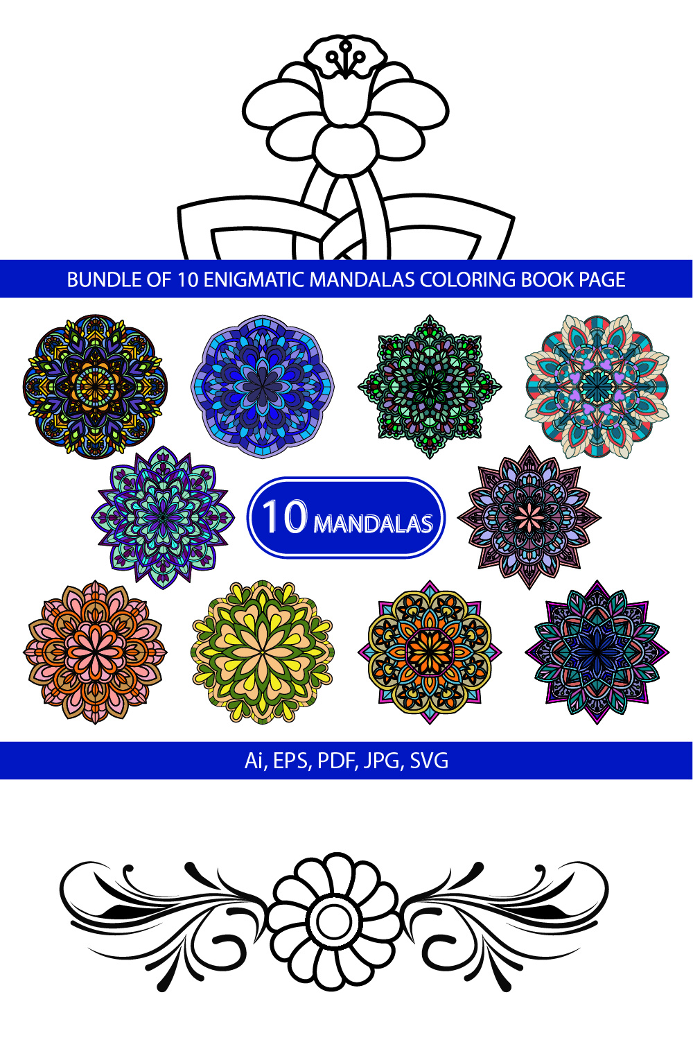 Bundle of 10 Enigmatic floral Mandalas Coloring Book Page pinterest preview image.