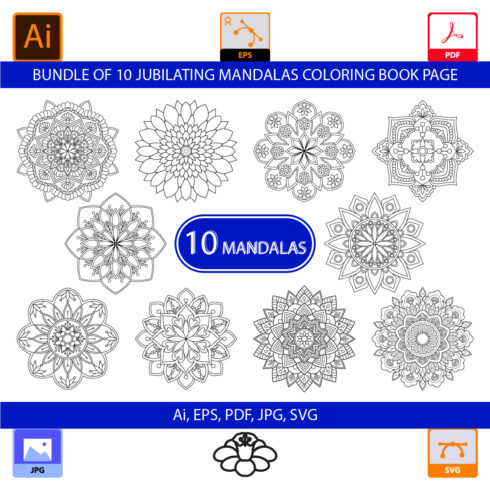 Bundle of 10 Jubilating Mandalas Coloring Book Page cover image.