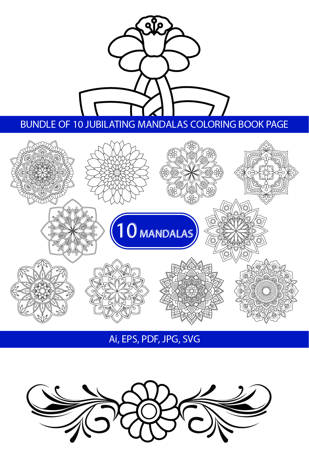 Bundle of 10 Jubilating Mandalas Coloring Book Page pinterest preview image.