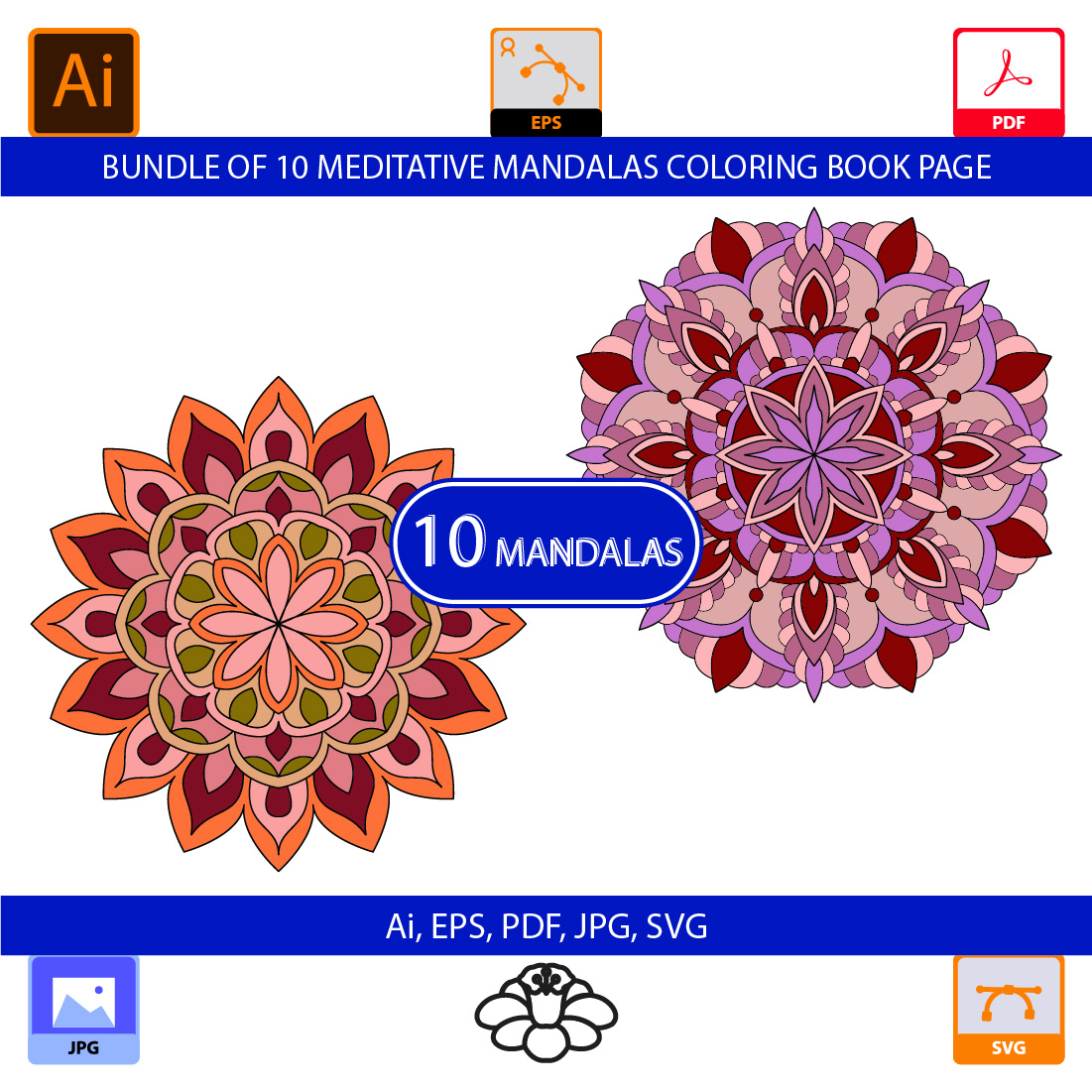 Bundle of 10 Meditative Color Mandalas Coloring Book Page cover image.