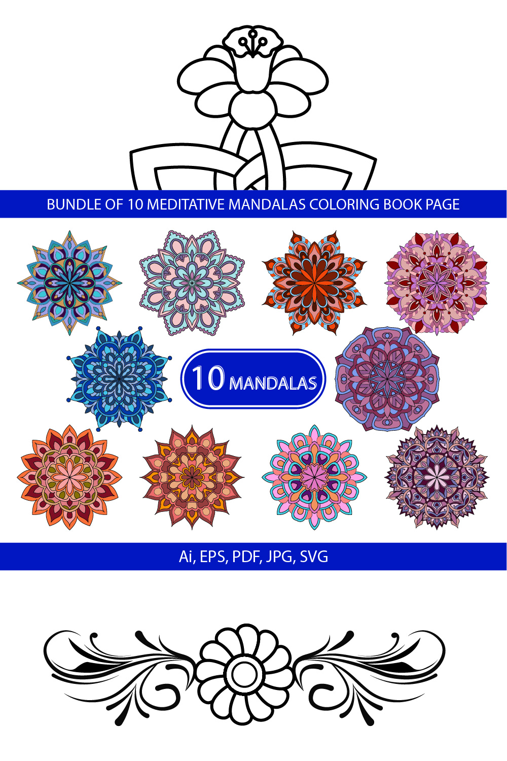 Bundle of 10 Meditative Color Mandalas Coloring Book Page pinterest preview image.