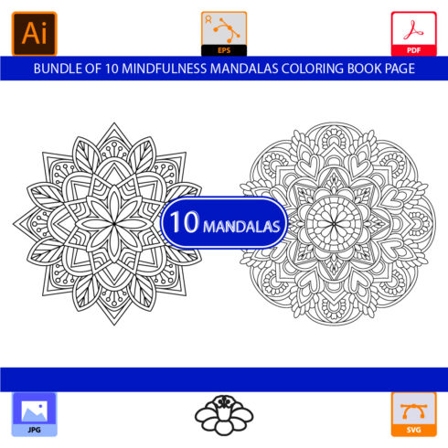 Bundle of 10 mindfulness Mandalas Coloring Book Page cover image.