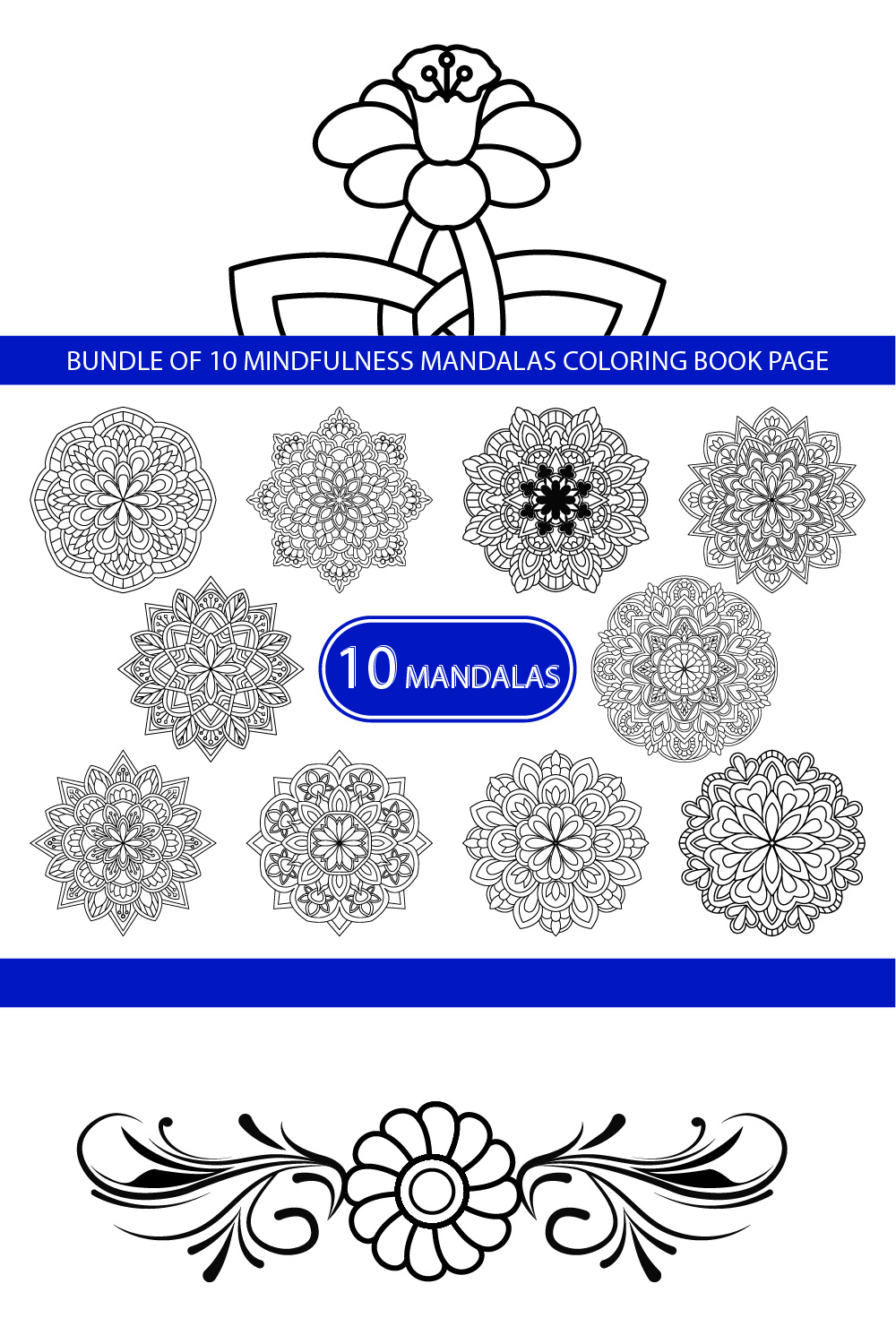 Bundle of 10 mindfulness Mandalas Coloring Book Page pinterest preview image.