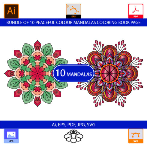 Bundle of 10 Peaceful Whirls color Mandalas Coloring Book Page cover image.