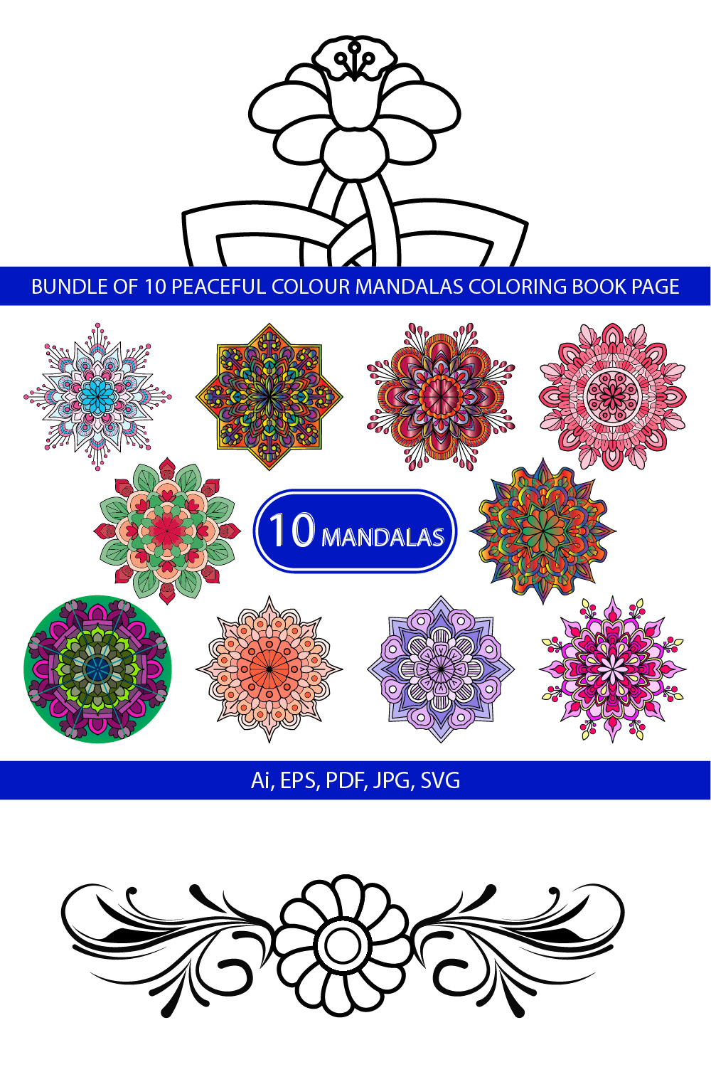 Bundle of 10 Peaceful Whirls color Mandalas Coloring Book Page pinterest preview image.