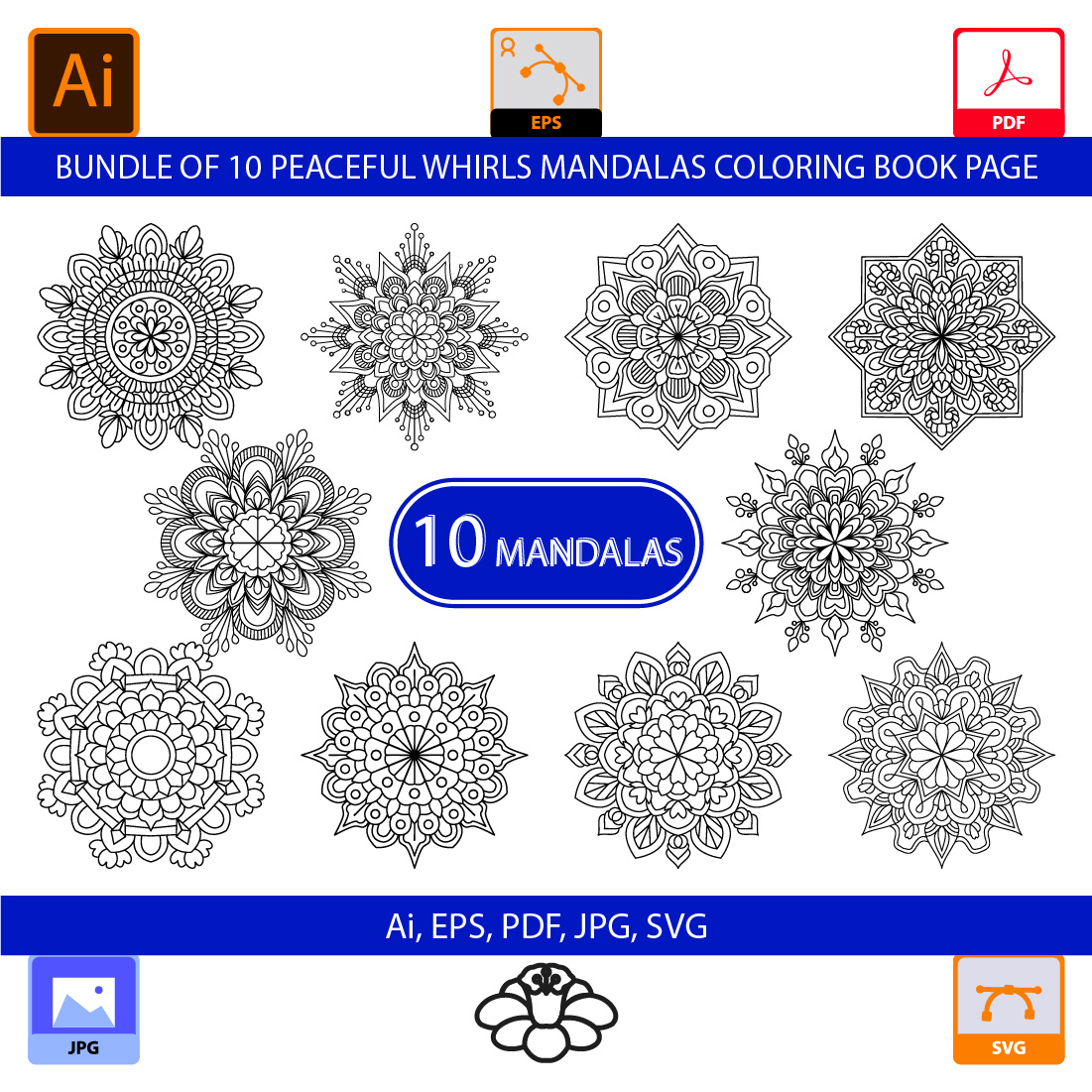 Bundle of 10 Peaceful Whirls Mandalas Coloring Book Page cover image.