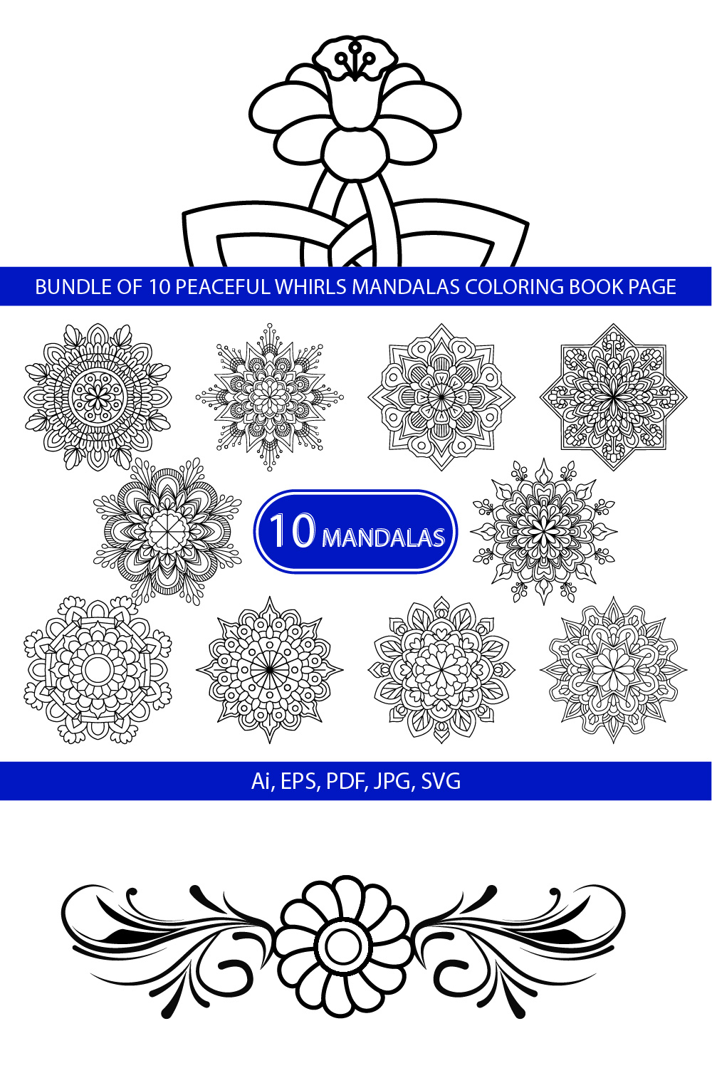 Bundle of 10 Peaceful Whirls Mandalas Coloring Book Page pinterest preview image.