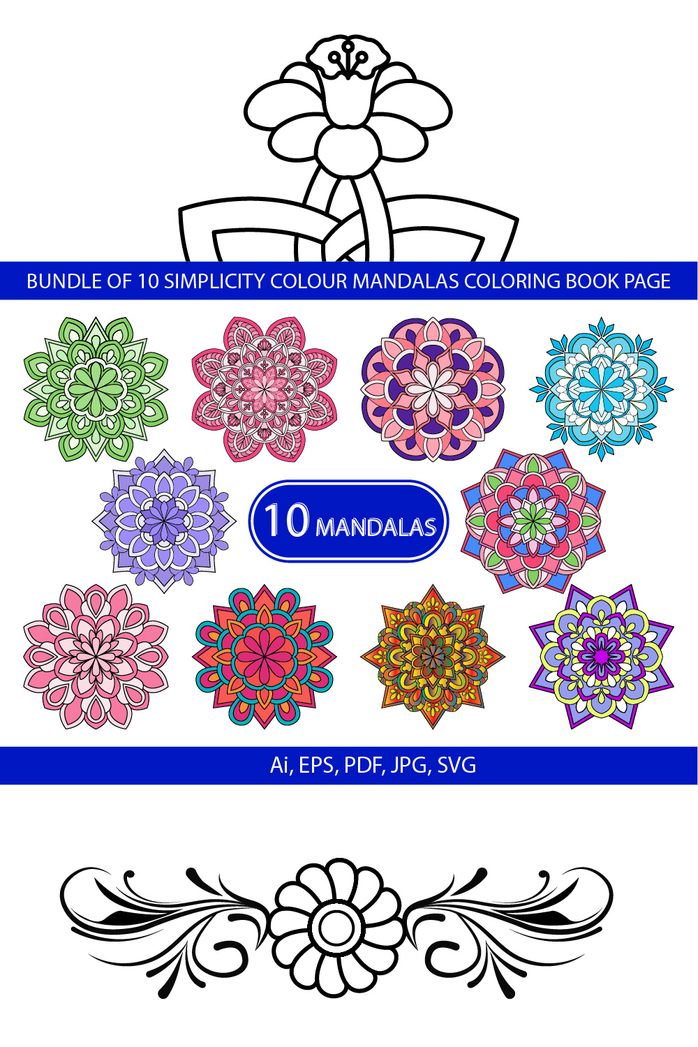 Bundle of 10 Simplicity Colour Mandalas Coloring Book Page pinterest preview image.