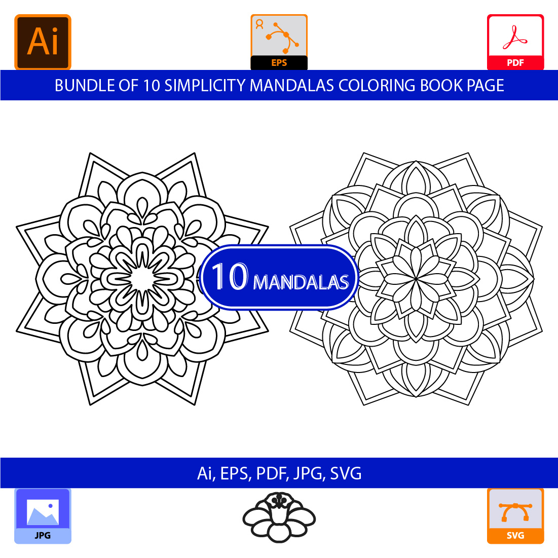 Bundle of 10 Simplicity Mandalas Coloring Book Page cover image.