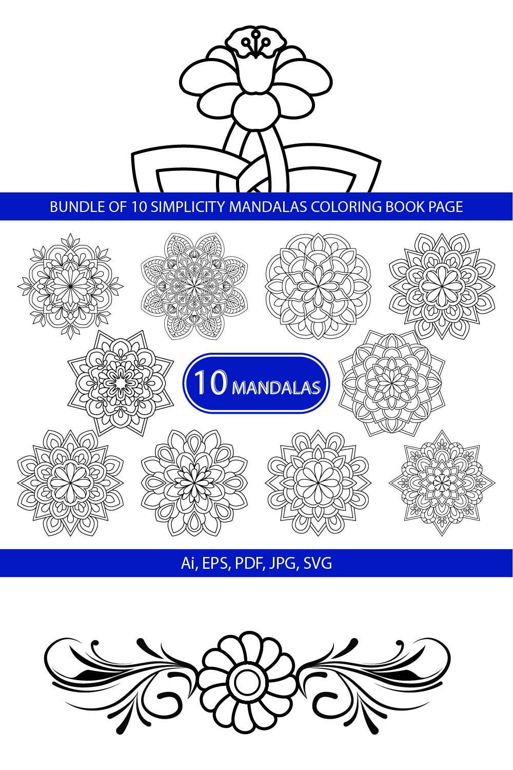 Bundle of 10 Simplicity Mandalas Coloring Book Page pinterest preview image.