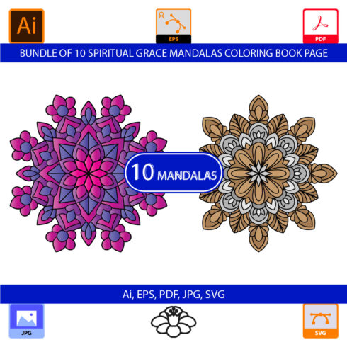 Bundle of 10 Spiritual Grace Color Mandalas Coloring Book Page cover image.