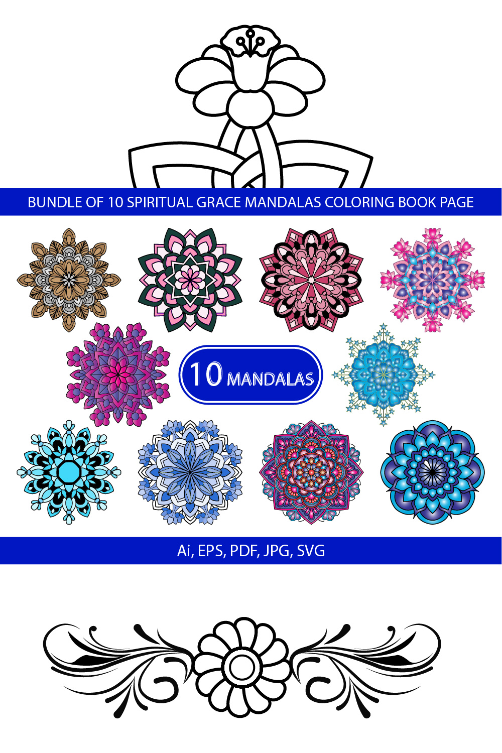 Bundle of 10 Spiritual Grace Color Mandalas Coloring Book Page pinterest preview image.