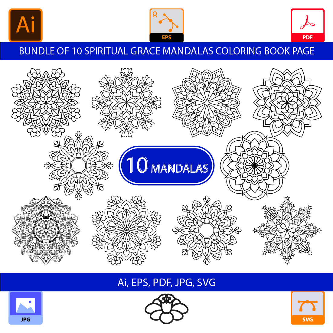 Bundle of 10 Spiritual Grace Mandalas Coloring Book Page cover image.