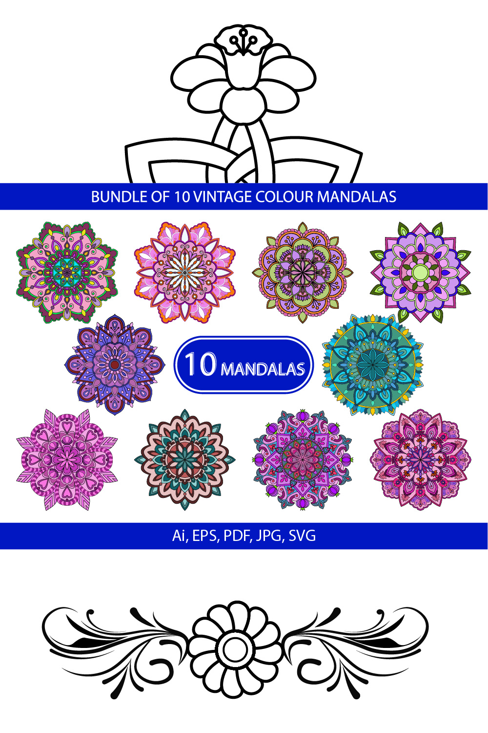 Bundle of 10 Vintage Color Mandalas pinterest preview image.