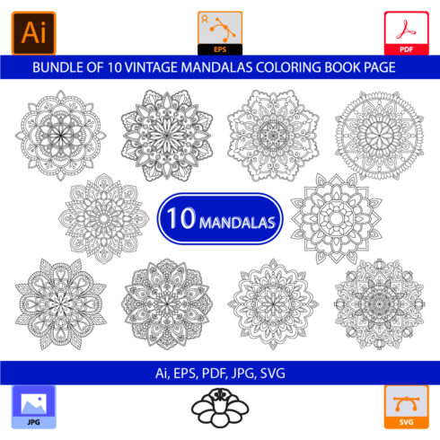 Bundle of 10 Vintage Mandalas Coloring Book Page cover image.