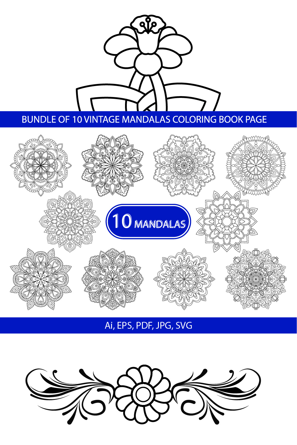 Bundle of 10 Vintage Mandalas Coloring Book Page pinterest preview image.