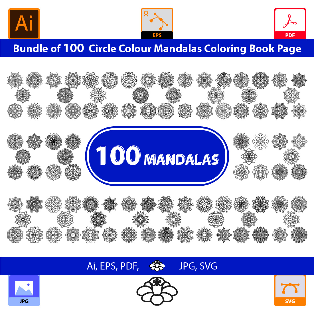 Bundle of 100 Circle color Mandalas Coloring Book Page cover image.