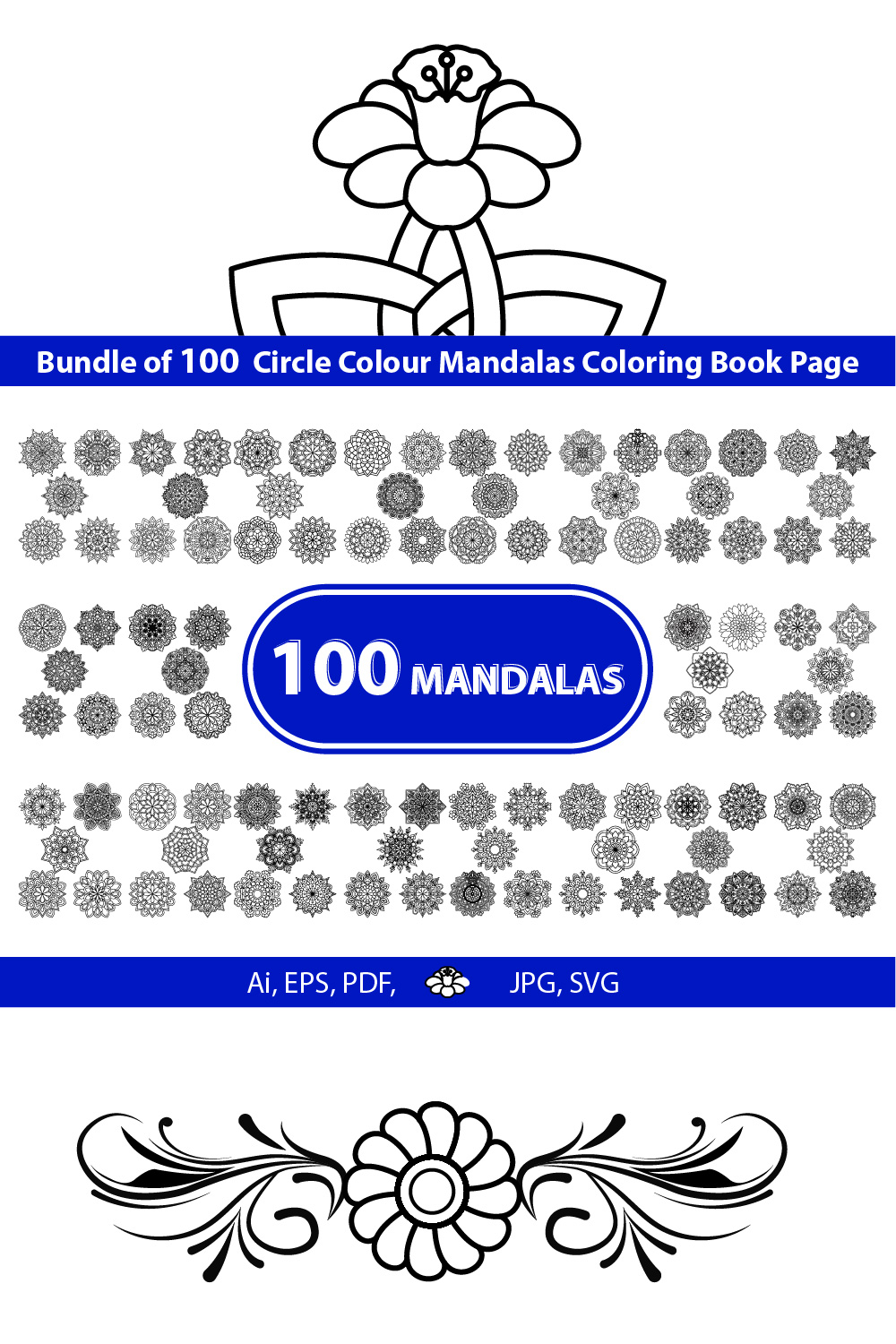 Bundle of 100 Circle color Mandalas Coloring Book Page pinterest preview image.