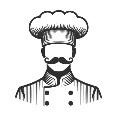 Bold line illustration of a chef on a white background cover image.