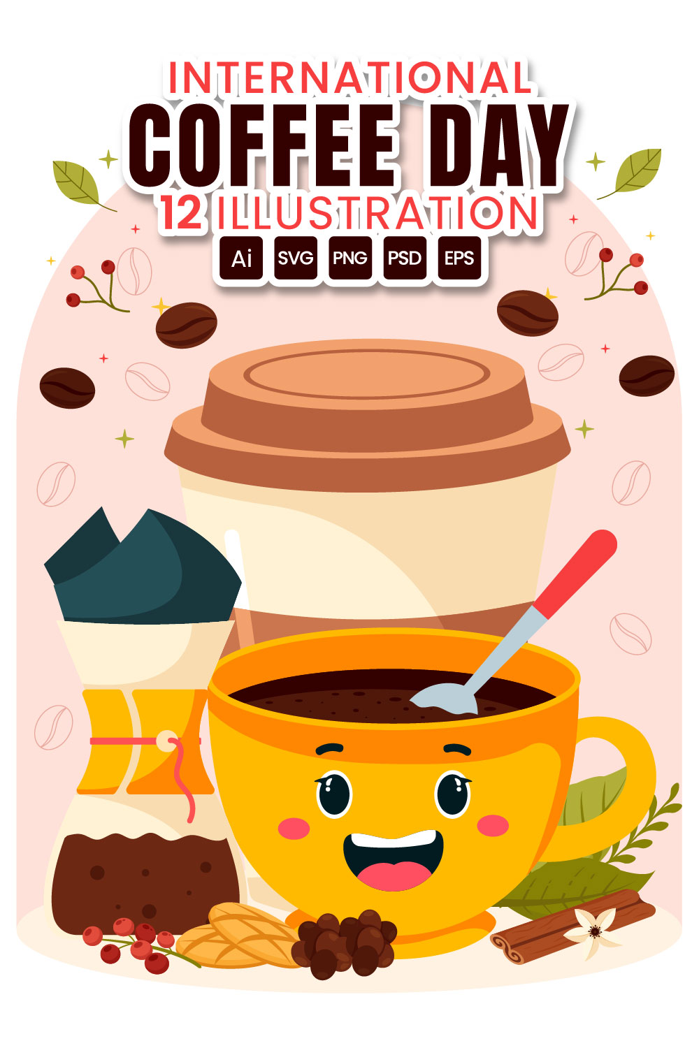 12 International Coffee Day Illustration pinterest preview image.