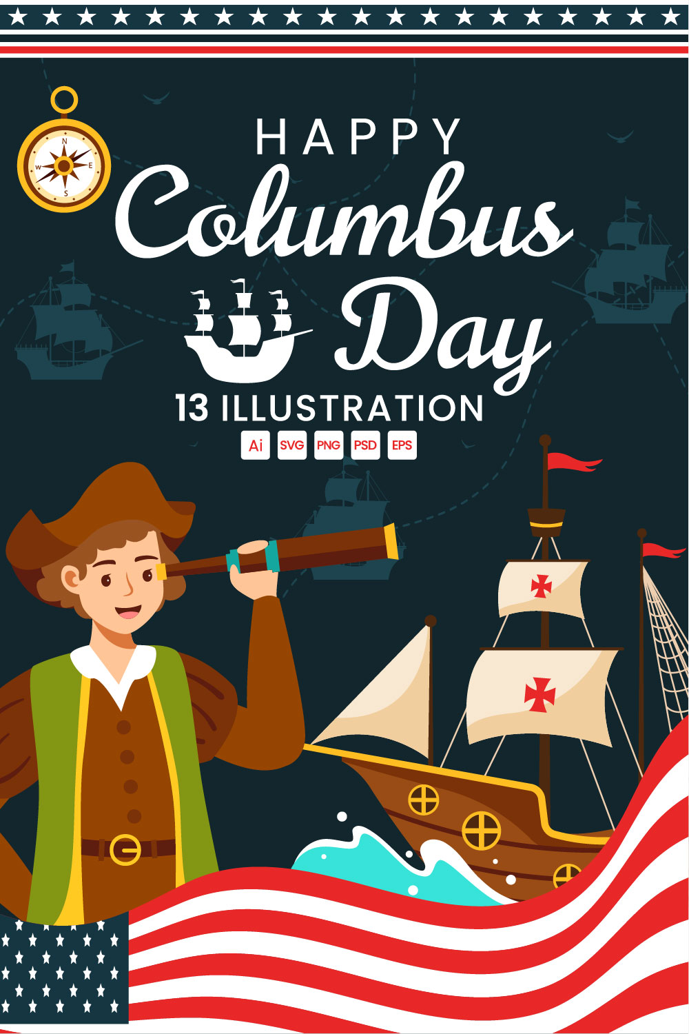 13 Happy Columbus USA Day Illustration pinterest preview image.