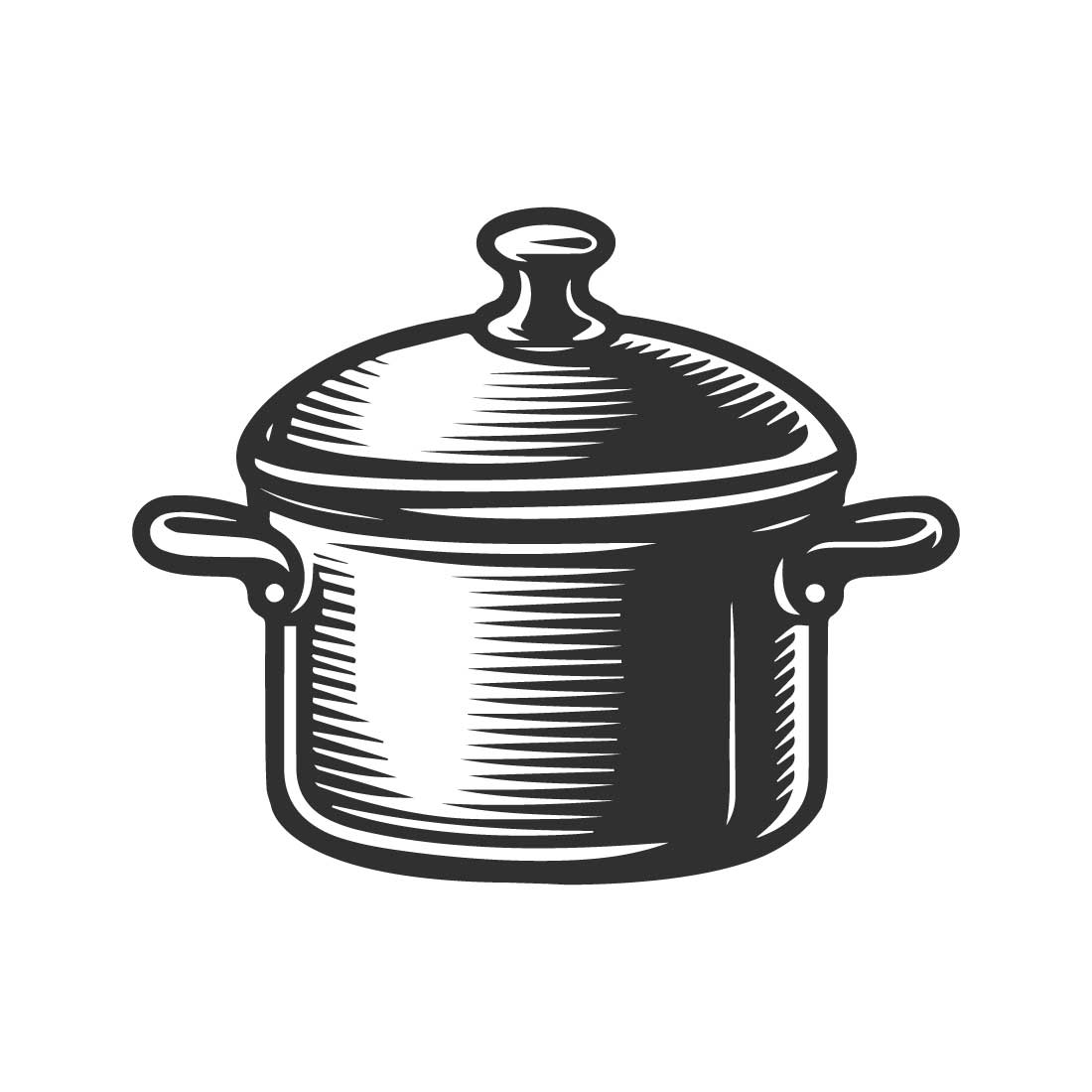 Bold line art and silhouette design of a cooking pot isolated on a white background cover image.