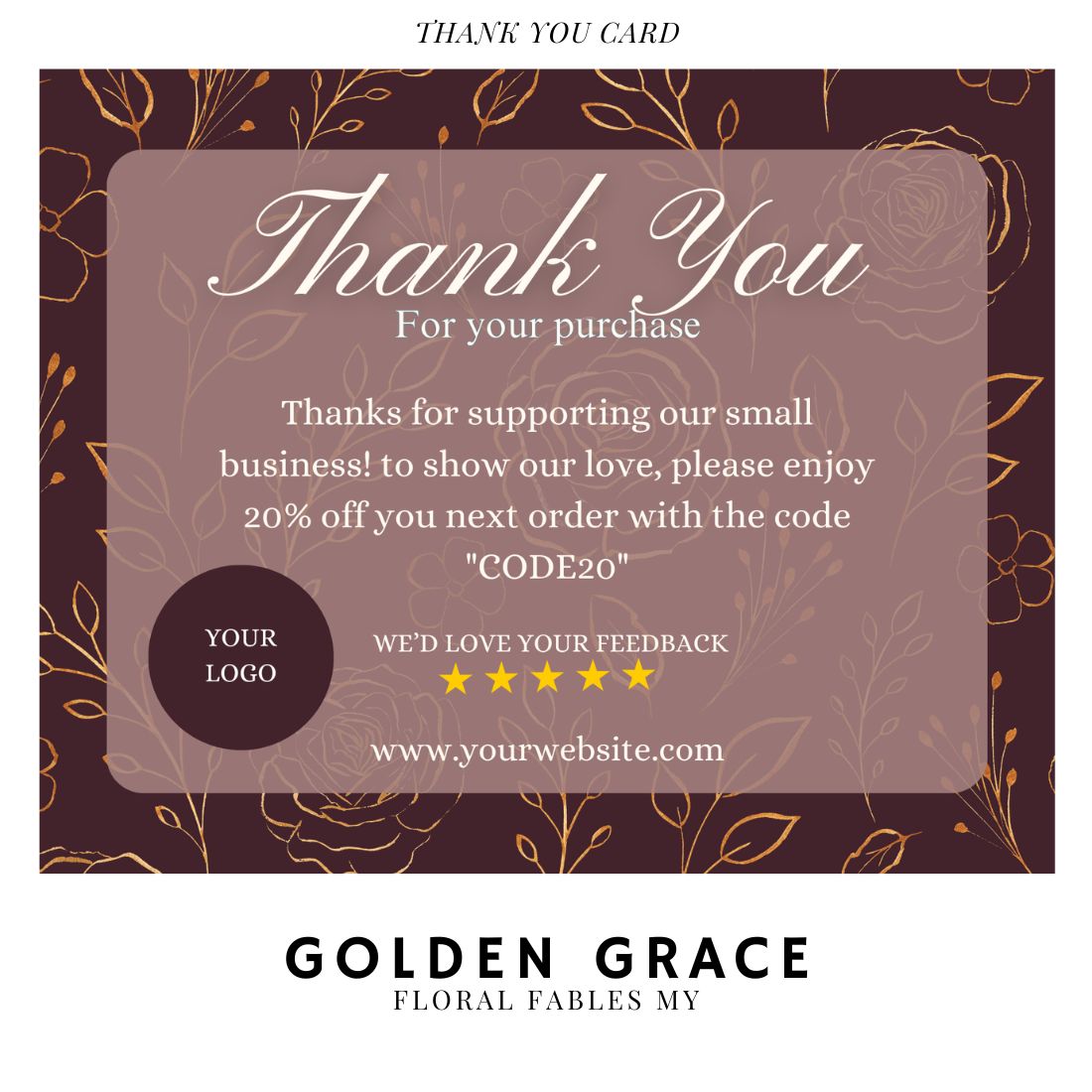 Thank you card Golden Grace, Business Branding Card, Digital Canva Template, Printable and Editable preview image.