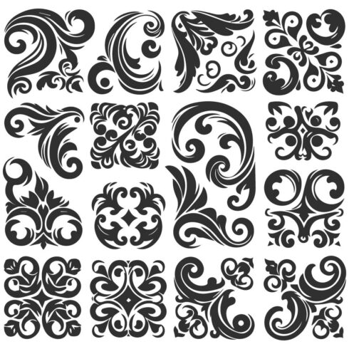 A set of silhouette decorative corner designs in an elegant, swirling ornamental style on a white background cover image.