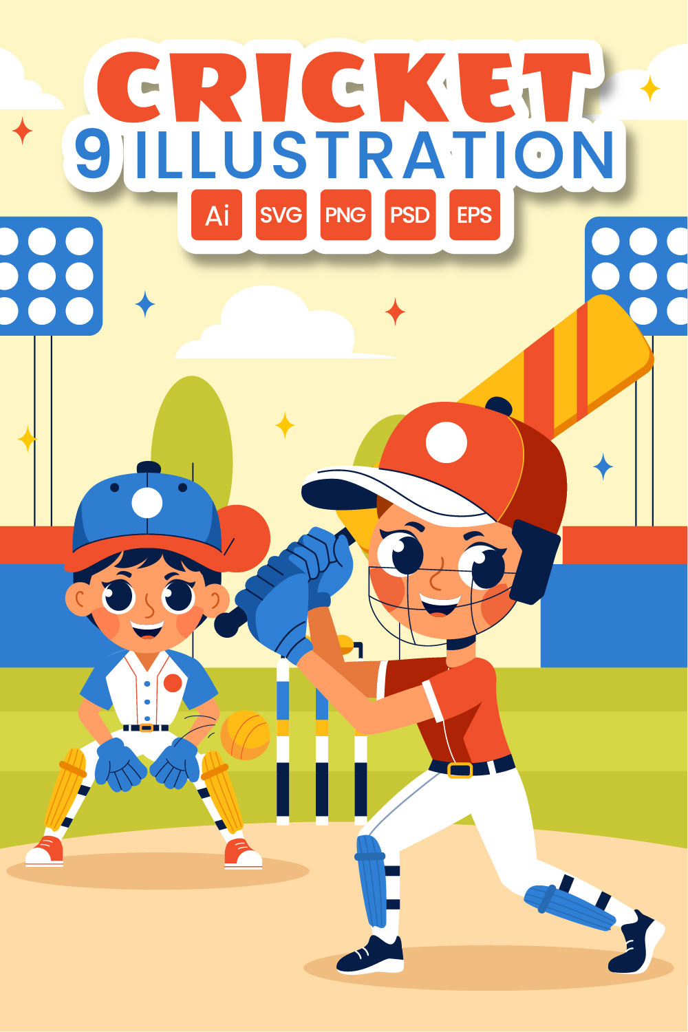 9 Cricket Player Illustration pinterest preview image.